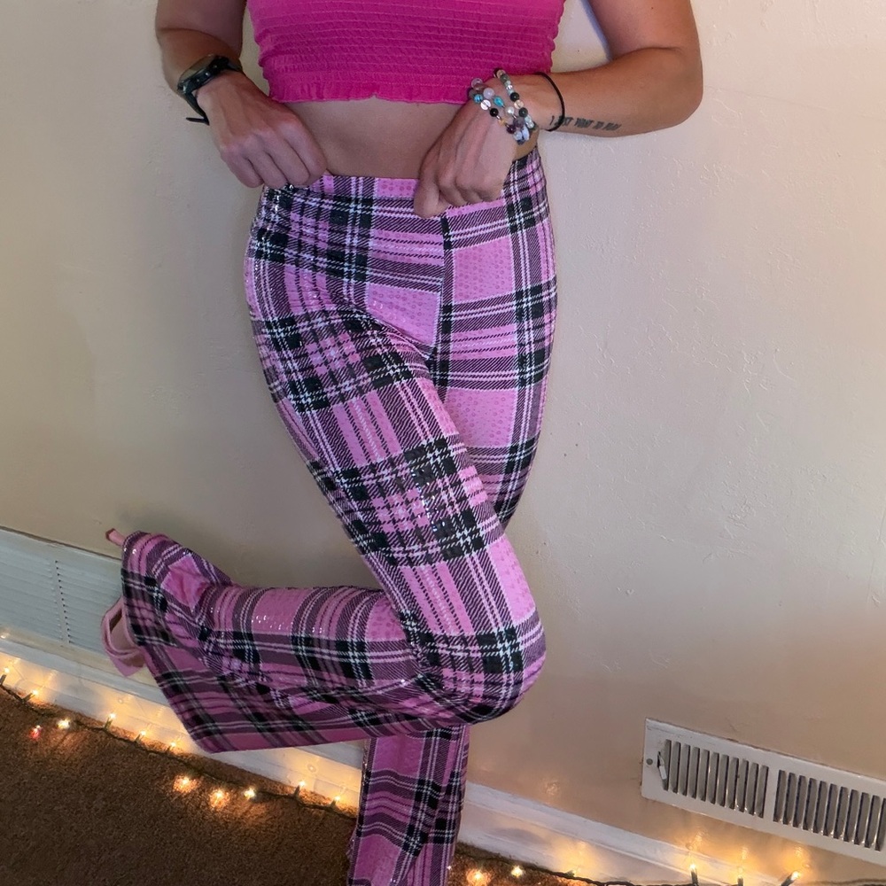 Pink Sequin Plaid High-Waist Flared Pants Festival Outfit - Picture 2 of 6